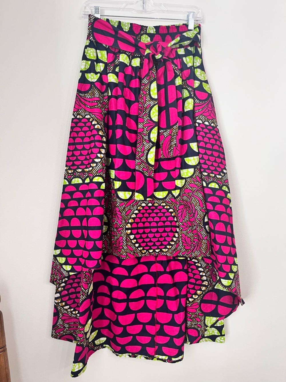 NF Tribal Bright Pink & Lime Green High-Low Printed Cotton Skirt with Waist Tie